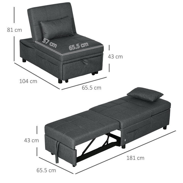 HOMCOM Convertible Chair Bed w/ Padding Seat, 3-in-1 Multi-Functional Sleeper Chair Bed, Recliner w/ Adjustable Backrest, Wheels and Pillow, Grey