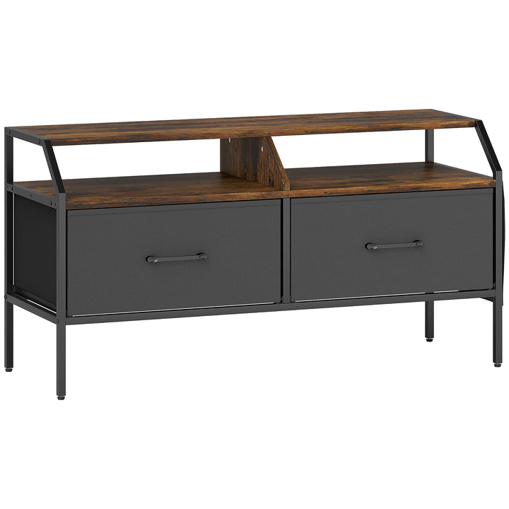 TV Stand Cabinet, TV Unit for 55-inch TVs with 2 Foldable Fabric Drawers, 5 Divided Side Pockets, Open Shelves, Console Table for Living Room, Bedroom, Entertainment Room, Rustic Brown