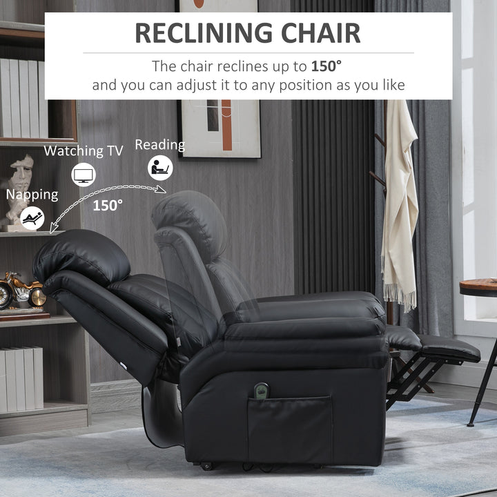Power Lift Chair Recliner for Elderly, Electric Recliner Chair, Overstuffed Faux Leather Riser and Reclining Armchair with Remote Control, Side Pockets, for Living Room, Black