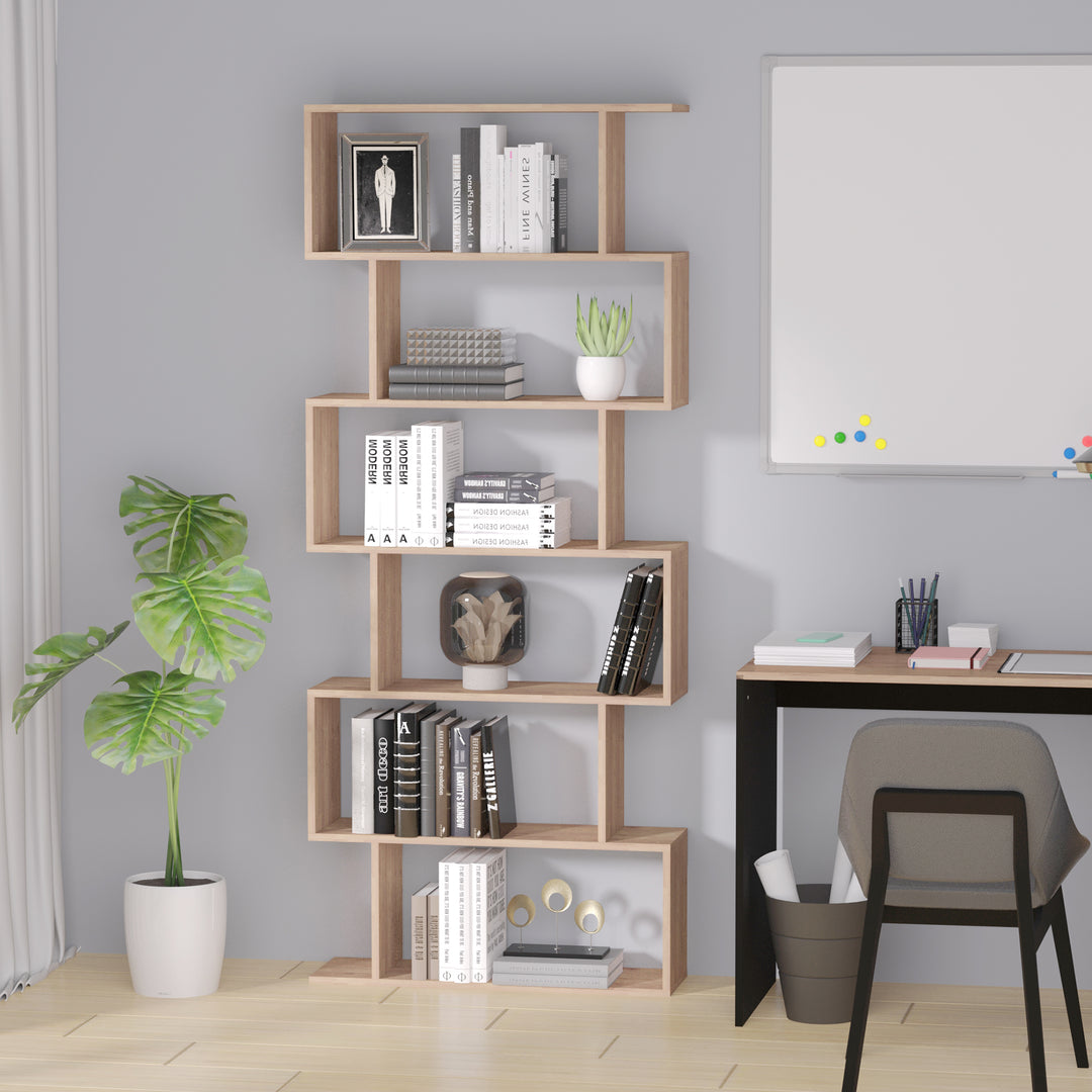 Bookcase, 6 Tier Shelf S Shaped Bookshelf, Storage Unit, Display Shelf for Living Room, Bedroom, Home Office, Plant, Maple