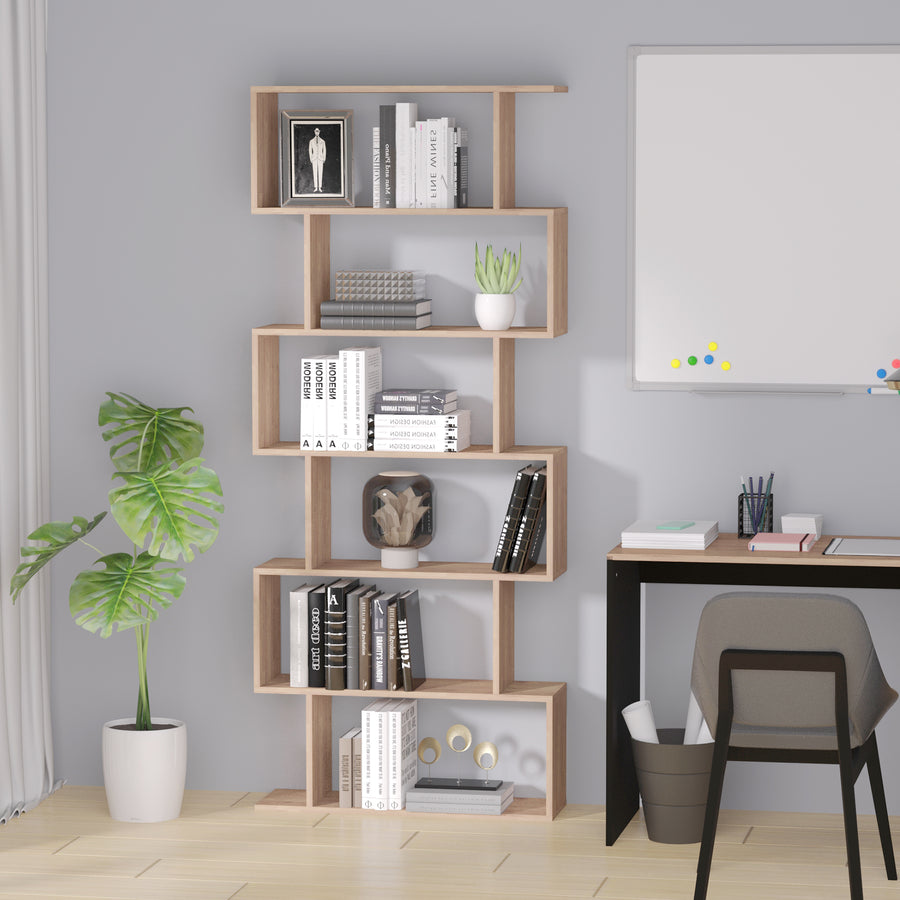 Bookcase, 6 Tier Shelf S Shaped Bookshelf, Storage Unit, Display Shelf for Living Room, Bedroom, Home Office, Plant, Maple