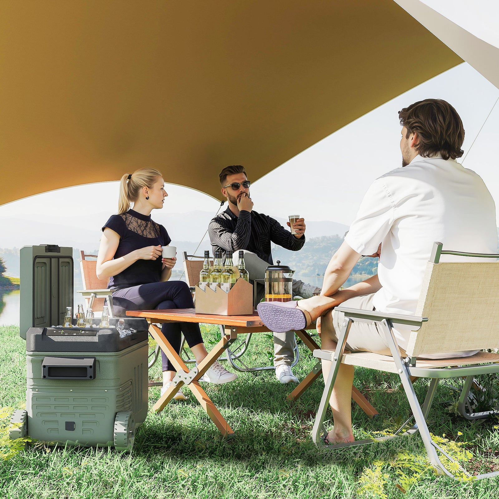 33L Camping Fridge Freezer Dual Zone, Portable Car Fridge 12V/24V DC & 100-240V AC, Electric Cool Box -20℃-20℃ with Wheels and LED Light, for Travel, RV, Road Trip, Picnic [Energy Class E]