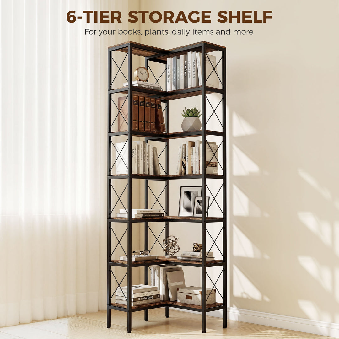 6-Tier L-Shaped Bookshelf, Freestanding Corner Bookcase with Metal Fra
