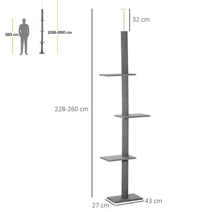 PawHut Cat Tree Tower, Floor to Ceiling with 3 Perches, Scratching Posts, Activity Centre for Kittens, Grey | Aosom UK