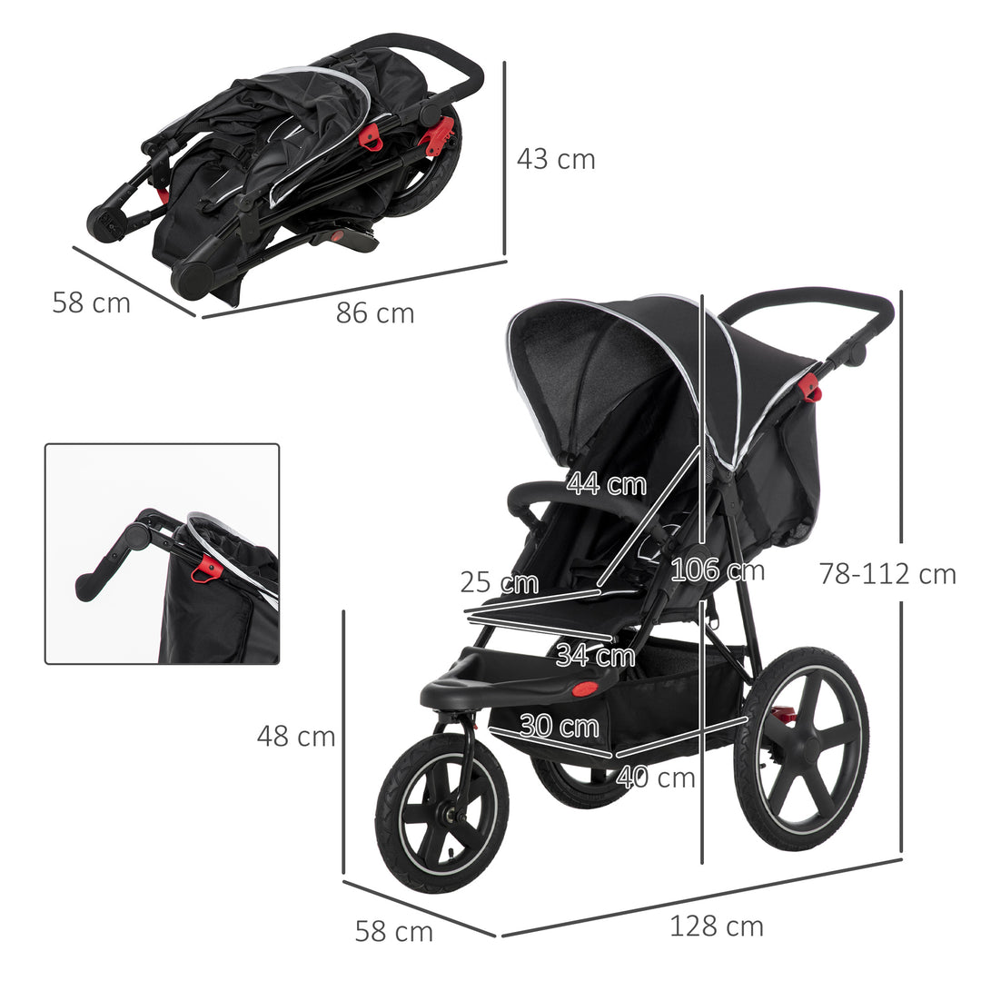 HOMCOM Three Wheeler Pushchair, Lightweight Foldable Running Baby Stroller with Fully Reclining, Adjustable Handlebar Backrest, Sun Canopy Black