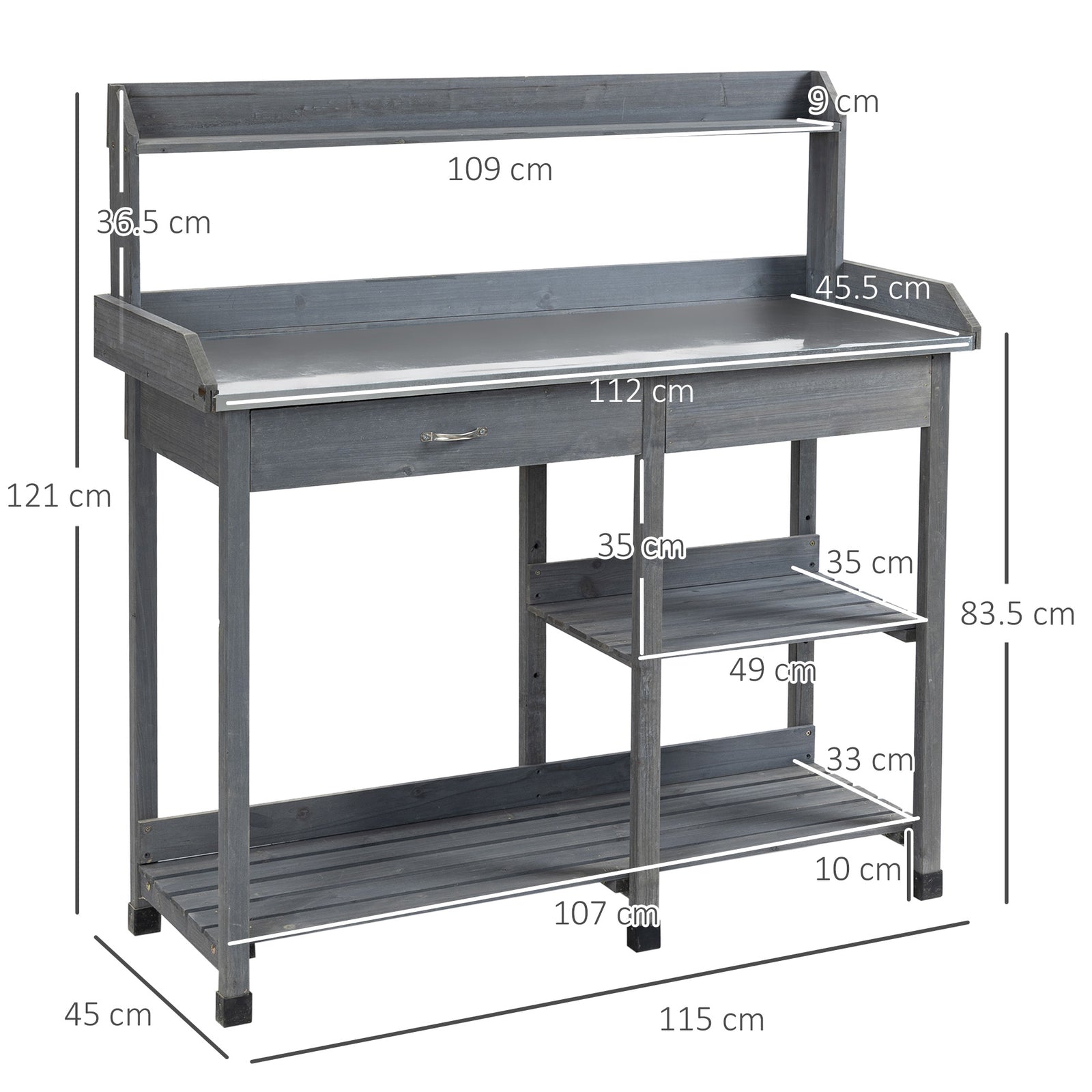 Garden Potting Table with Storage, Workbench, Metal Top, Storage Shelv