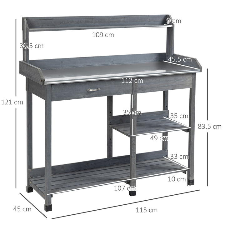 Garden Potting Table, Wooden Workstation Bench w/ Galvanized Metal Tabletop, Drawer, Storage Shelves and Hooks for Patios, Courtyards, Balcony