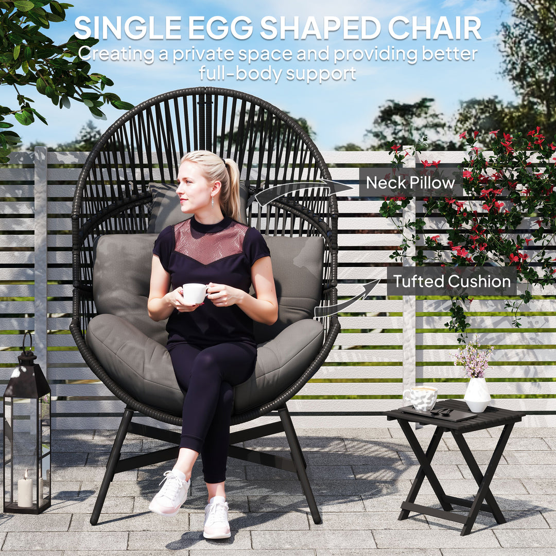 Rattan Egg Chair, Oversized Freestanding Garden Egg Chair with Thick Tufted Cushion, Headrest, Steel Frame for Indoor and Outdoor Use, Charcoal Grey