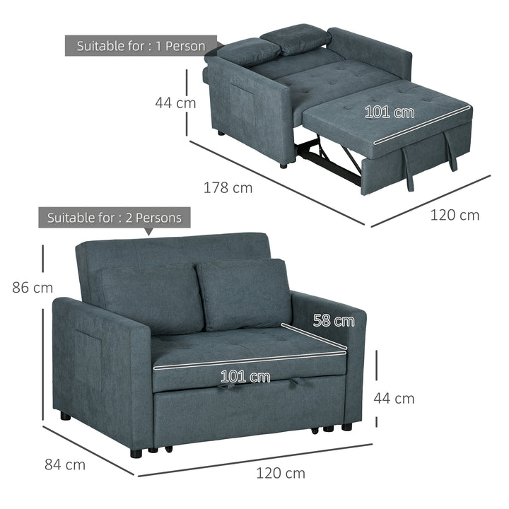 Loveseat Sofa Bed, Convertible Bed Settee with 2 Cushions, Side Pockets for Living Room, Charcoal Grey