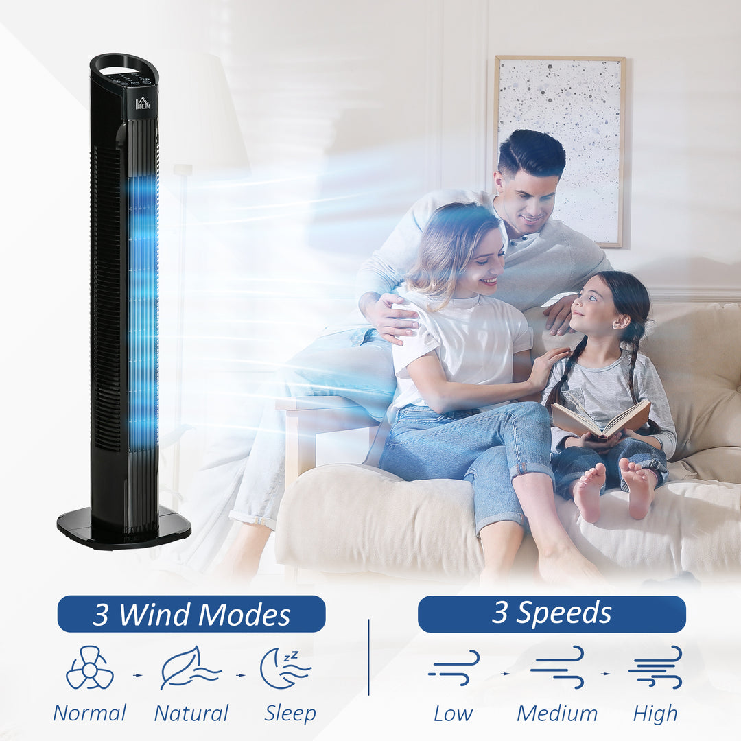 HOMCOM Freestanding Tower Fan, 3 Speed 3 Mode, 7.5h Timer, 70 Degree Oscillation, LED Panel, 5M Remote Controller, Black | Aosom UK