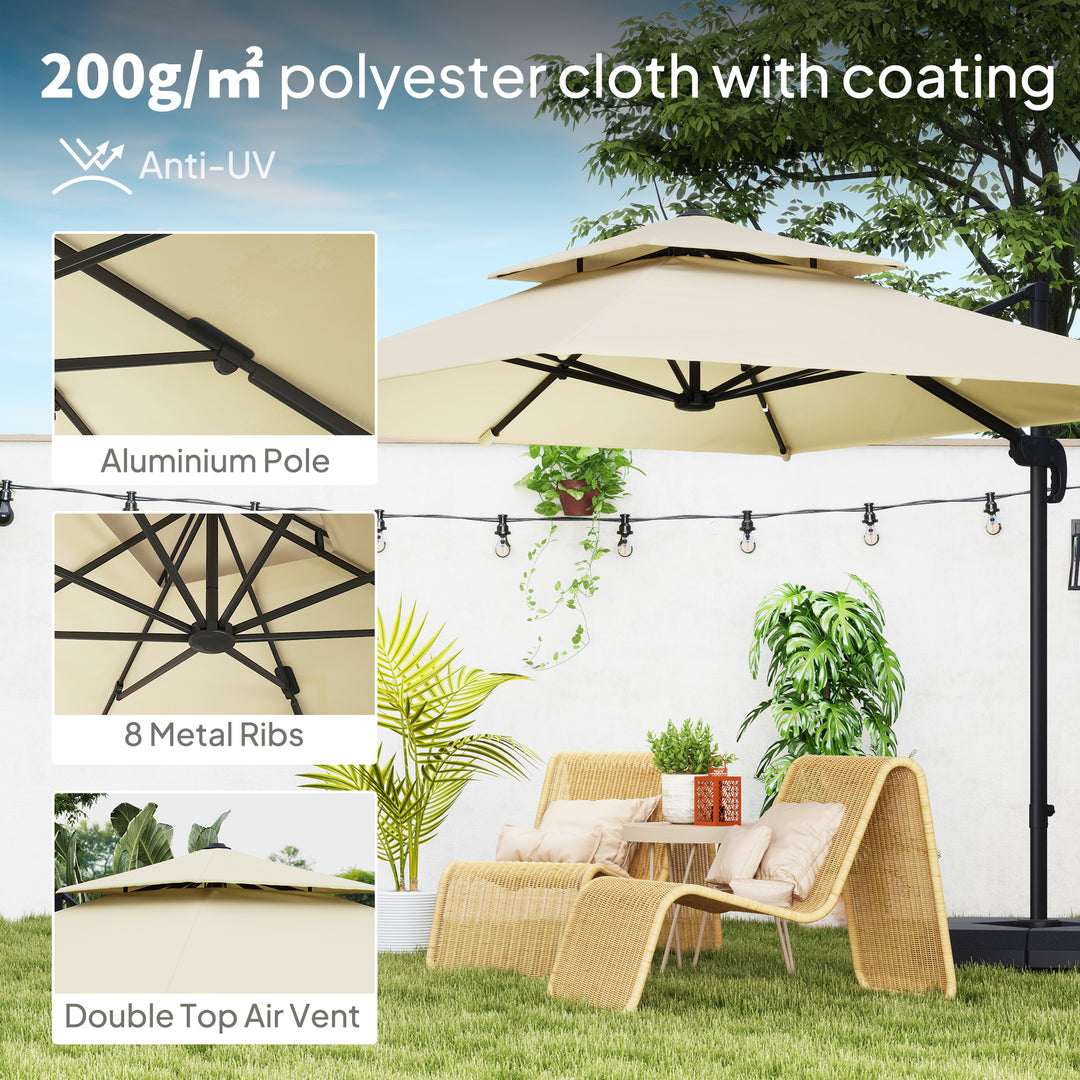 2.7 x 2.7(m) Cantilever Parasol with Aluminium Frame, Crank and Tilt, 360-Degree Rotation, Double Top Garden Umbrella with Base and Cover, Khaki