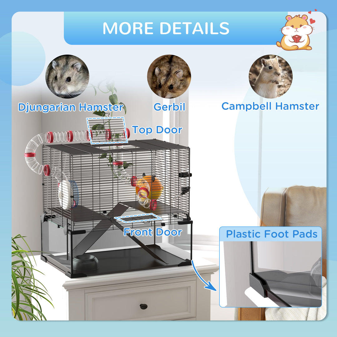 PawHut Gerbil Cage Dwarf Hamster Cage, with Deep Glass Bottom, Tunnels, Hut, Exercise Wheel, 60 x 40 x 57cm | Aosom UK