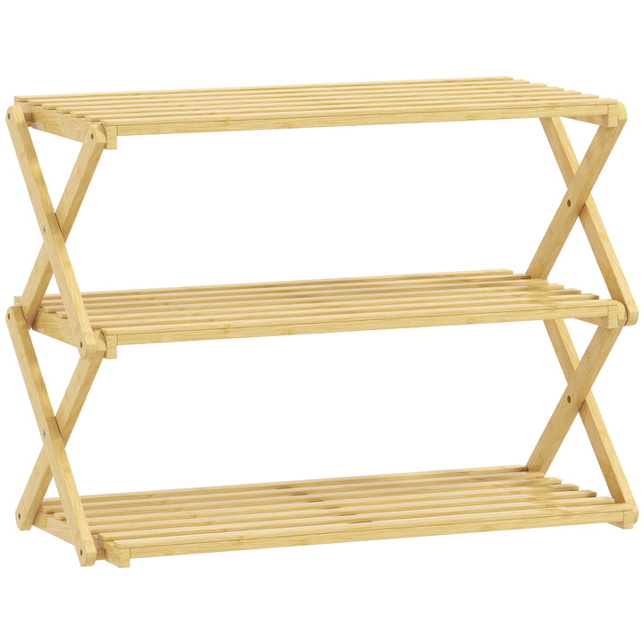Three-Tier Folding Bamboo Shoe Rack - Natural Finish