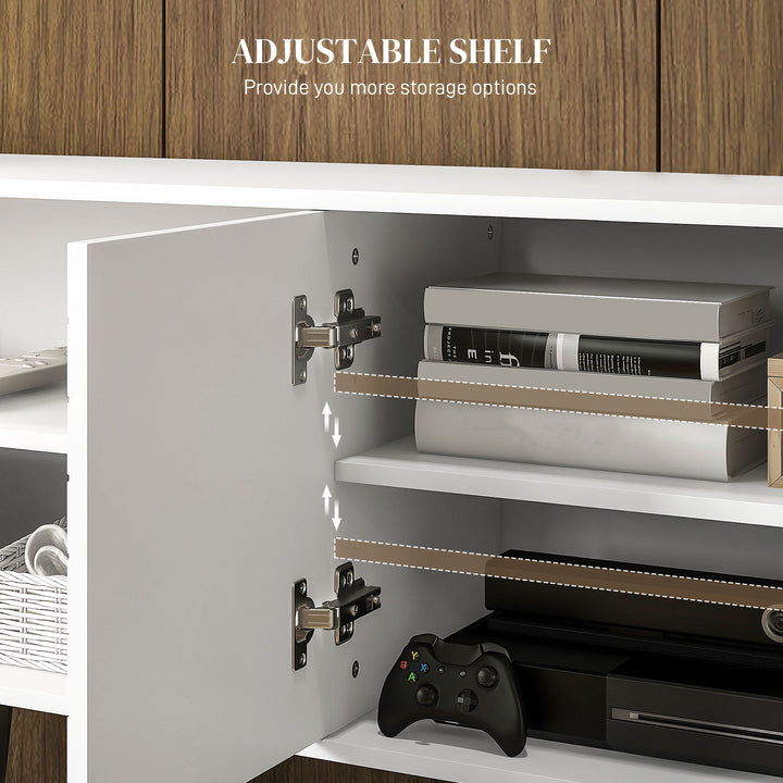 TV Stand with Cupboard, Open Shelves, Striped Doors, Wooden legs, White