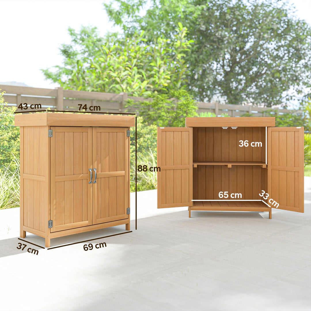 Small Shed, Wooden Garden Shed with Openable Hinged Roof and Removable Shelf, Outdoor Tool Storage Cabinet Chest with Double Doors, 74 x 43 x 88 cm, Natural Wood Finish
