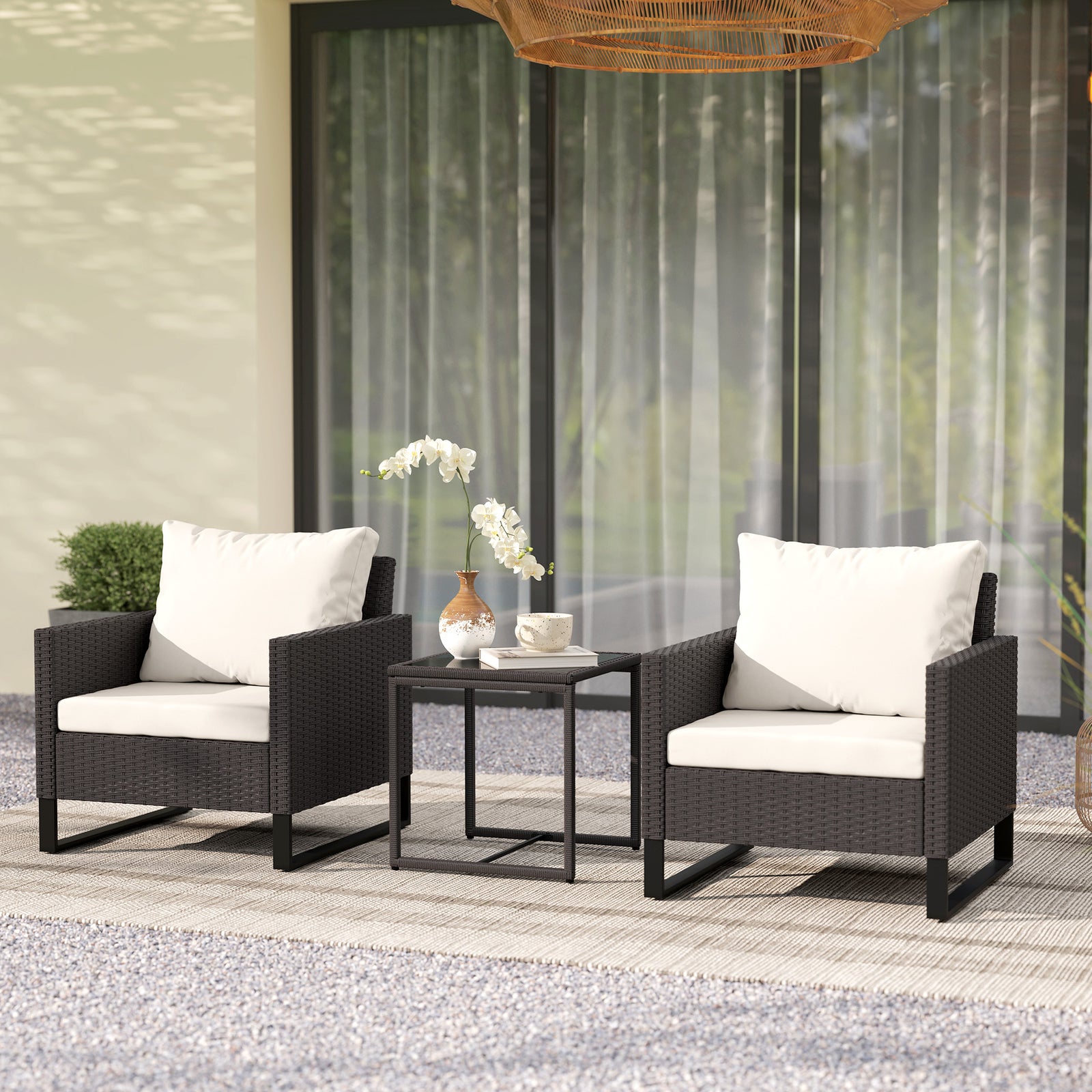 3 Pieces Rattan Bistro Set with 4 Cushions, Wicker Garden Furniture Set, Glass Top Coffee Table and Chairs for Outdoor Patio, Balcony, Terrace and Conservatory, Brown