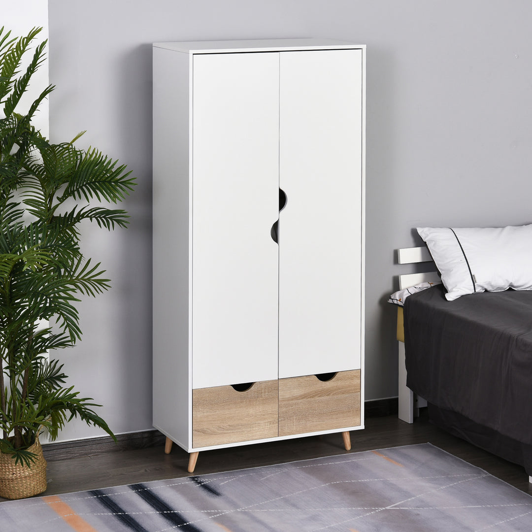 HOMCOM 2-Door Clothes Wardrobe w/ Rail Shelf 2 Drawers Wood Feet Elegant Home Storage Organisation Furniture Dresses Coats Blankets White | Aosom UK