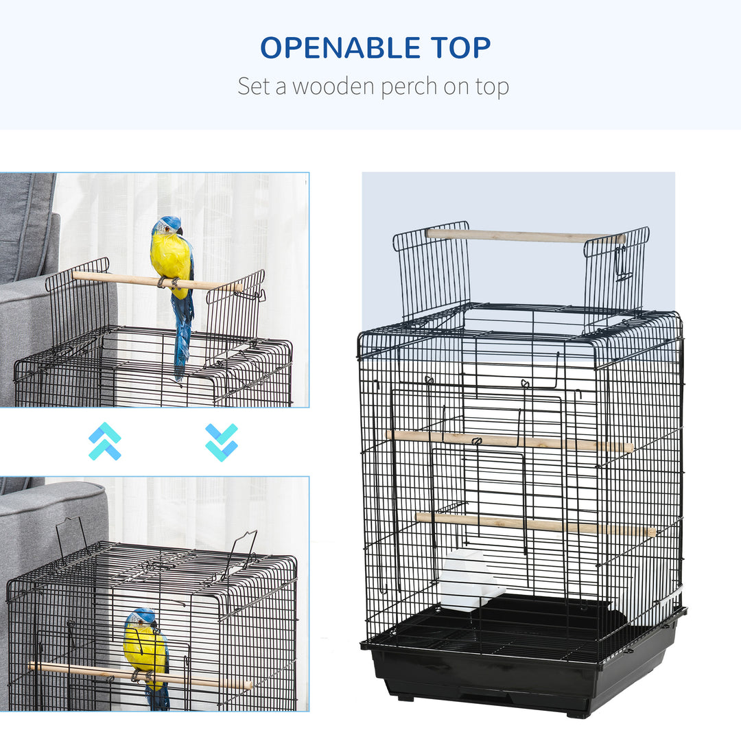 Steel Bird Cage with Openable Top, Stand, Tray, Handles, Feeding Bowls for Parakeet, Finch - Black