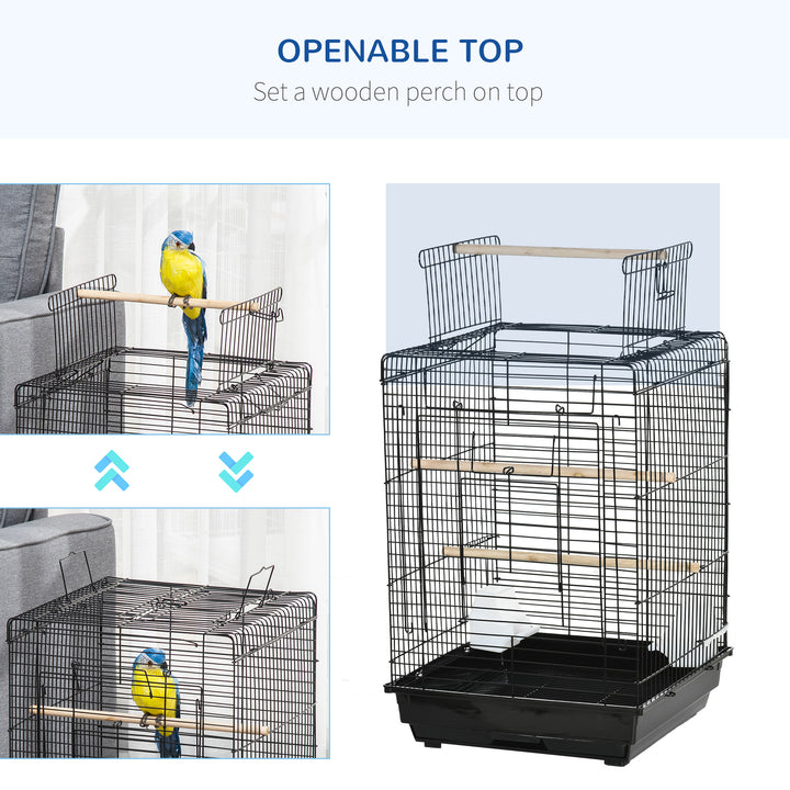 Steel Bird Cage with Openable Top, Stand, Tray, Handles, Feeding Bowls for Parakeet, Finch - Black