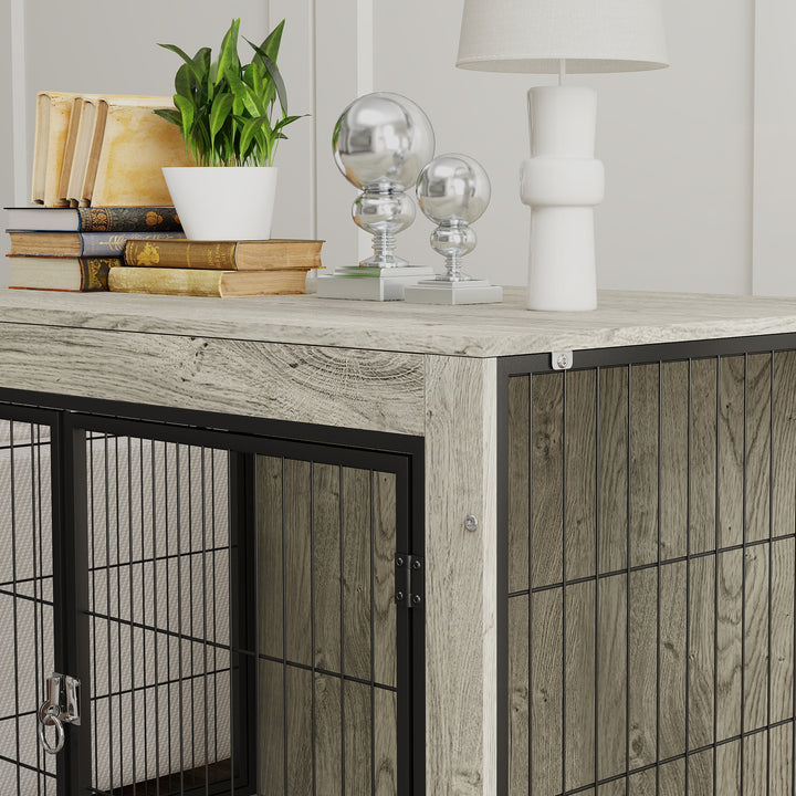 Dog Crate Furniture with Wheels, Double Doors, for Large Dogs, Grey