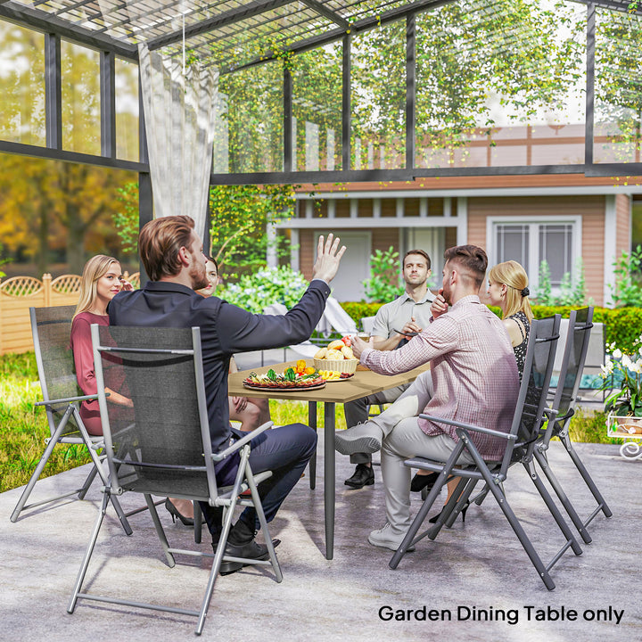 Garden Dining Table, 150 x 90 cm Rectangle Outdoor Table with 5 cm Parasol Hole, Slatted Tabletop and Steel Frame for Patio Balcony, (Table Only) Brown