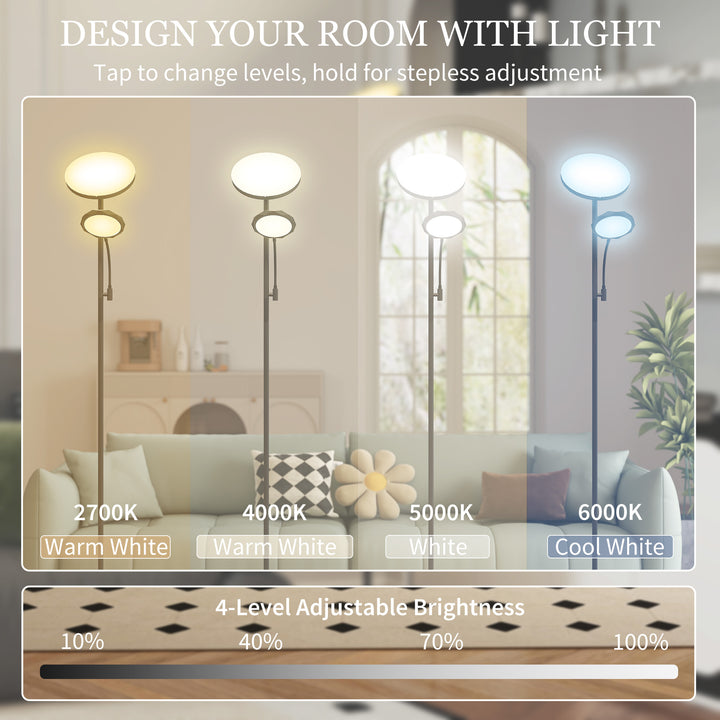 LED Floor Lamp for Living Room, Stepless Dimmable Standing Lamp, Mother and Child Uplighter with Reading Light, 4 Scene Modes, 2700K-6500K Colour Temps, 4 Brightness Levels, Remote Control