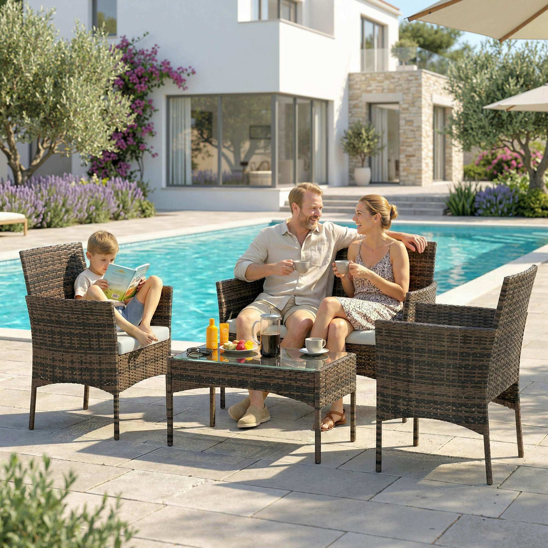 4 Piece Rattan Garden Furniture Sofa Set with Loveseat, Armchairs, Gla