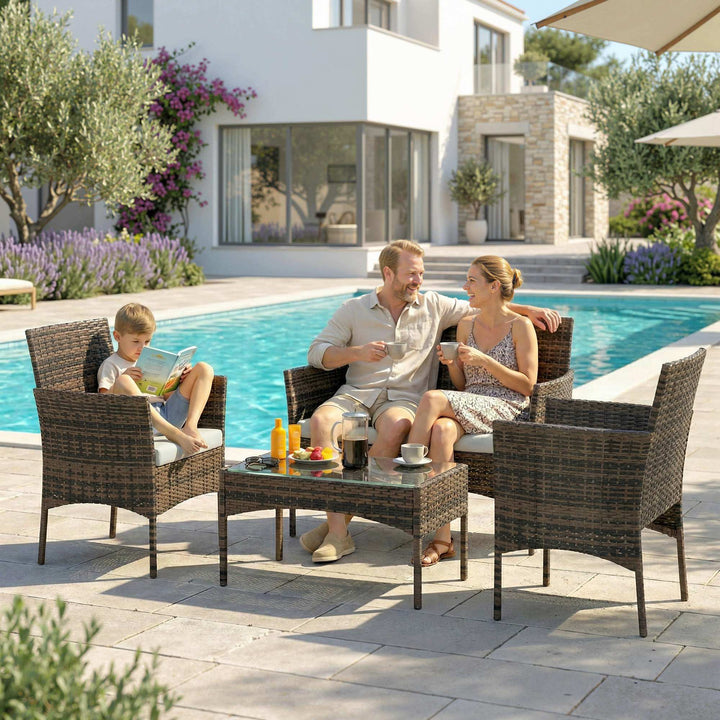 4 Piece Rattan Garden Furniture Sofa Set with Loveseat, Armchairs, Gla
