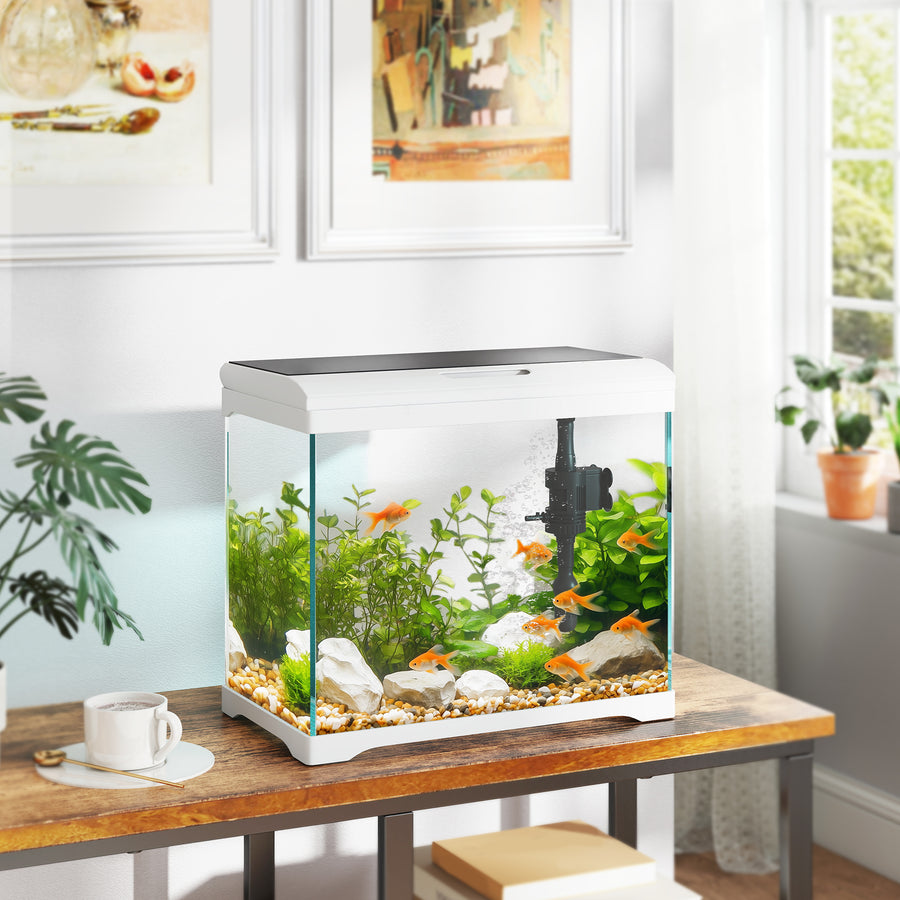 27L Glass Fish Tank with Filter System, LED Light, Water Pump, for Betta, Goldfish, Shrimps, White