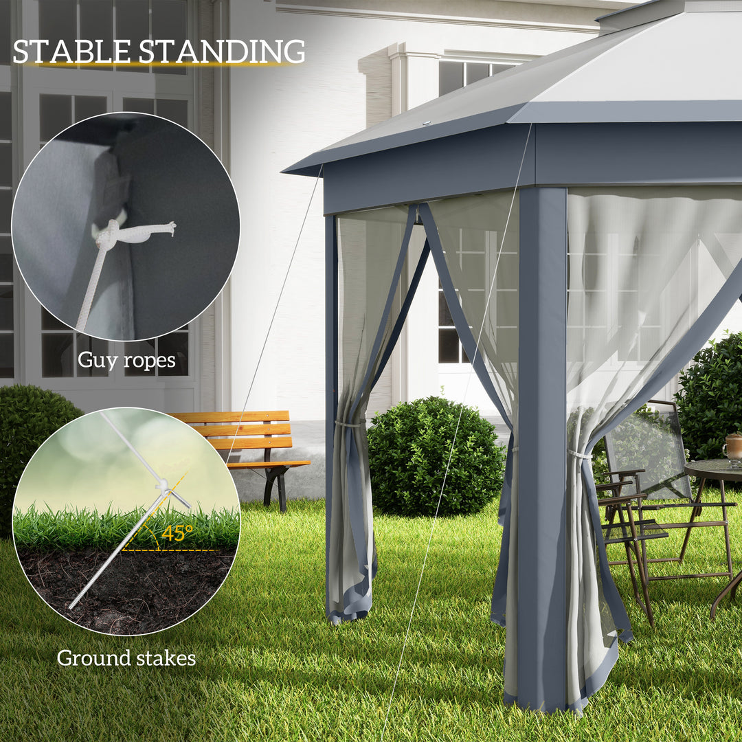 MCL 3 x 4m Metal Frame Hexagon Gazebo, with Curtains - Grey