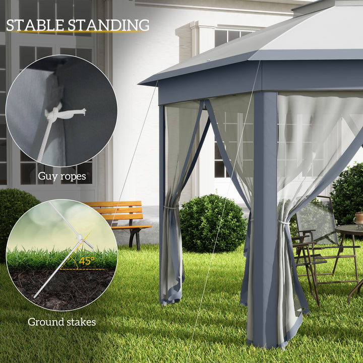 MCL 3 x 4m Metal Frame Hexagon Gazebo, with Curtains - Grey