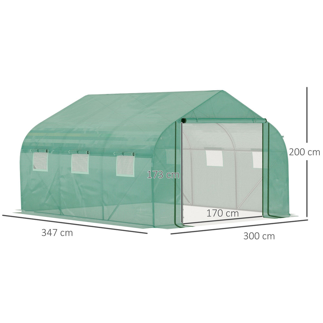 MCL Walk-in Polytunnel Garden Greenhouse, Outdoor Mesh Door Greenhouse with PE Cover and 6 Windows, 3.5 x 3 x 2m, Green
