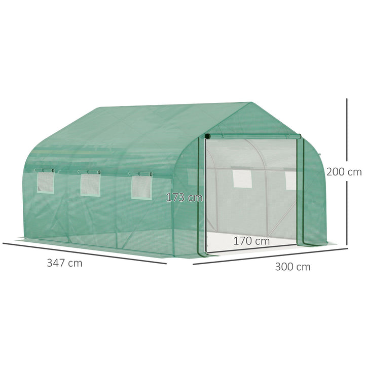 MCL Walk-in Polytunnel Garden Greenhouse, Outdoor Mesh Door Greenhouse with PE Cover and 6 Windows, 3.5 x 3 x 2m, Green