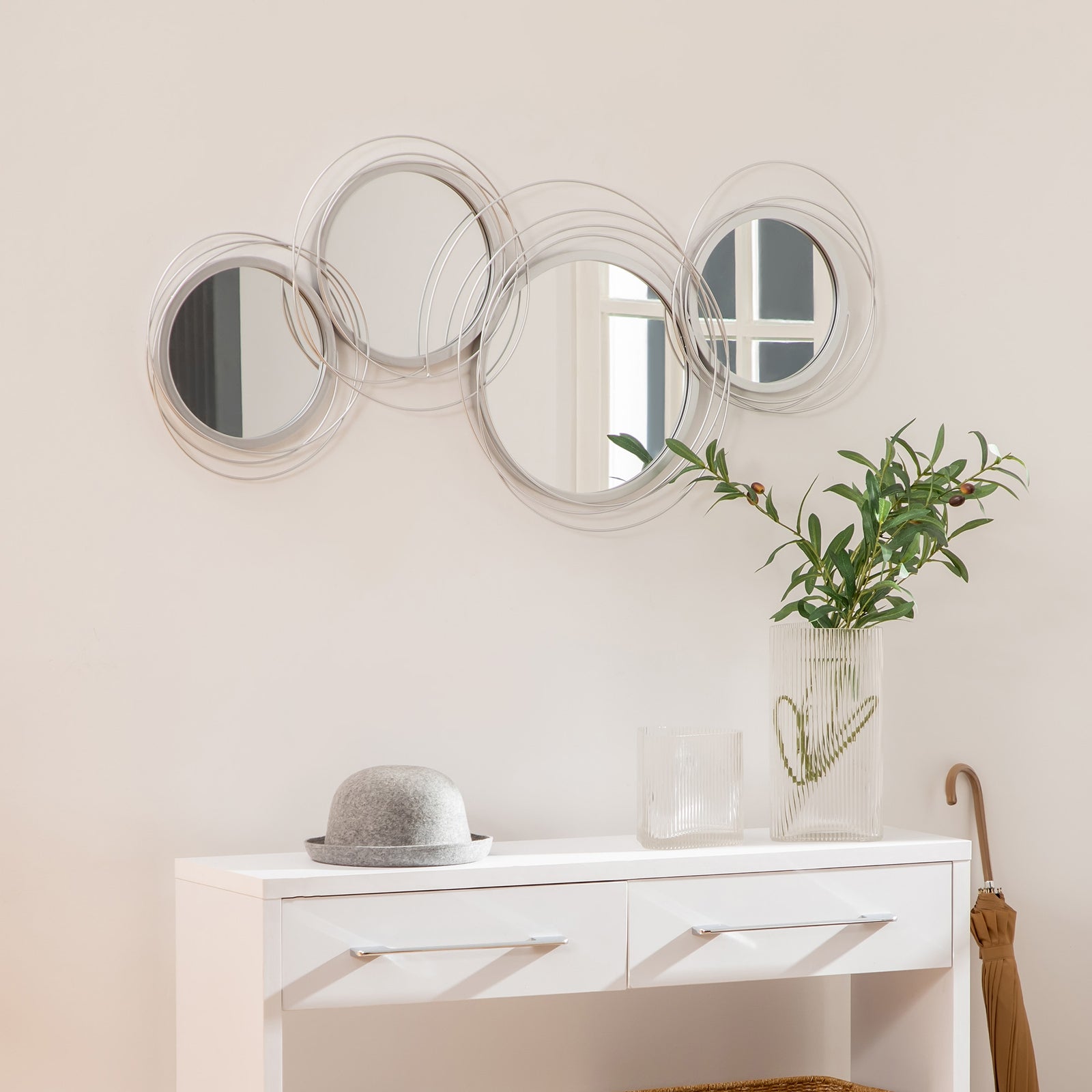 Metal Wall Mirrors, 107cm Modern Decorative Silver Mirror Decor Hanging, Home Wall Sculptures for Living Room Bedroom Dining Room