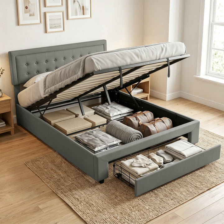 PU Leather King Size Ottoman Bed Frame, with Front Drawer