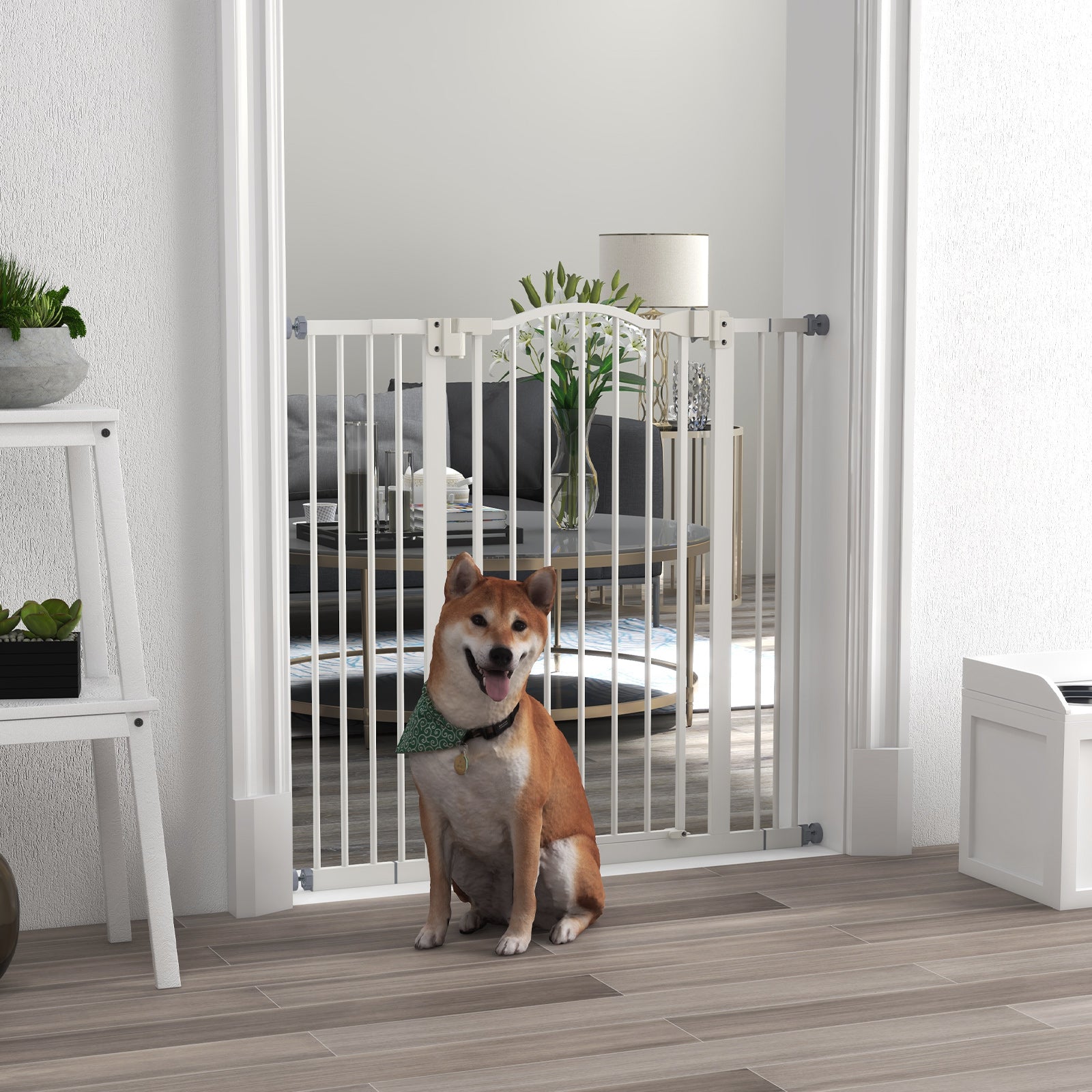 Pressure Fit Dog Stair Gate No Drilling Safety Gate Auto Close for Doorways, Hallways, 74-100cm Adjustable, 94cm Tall, White