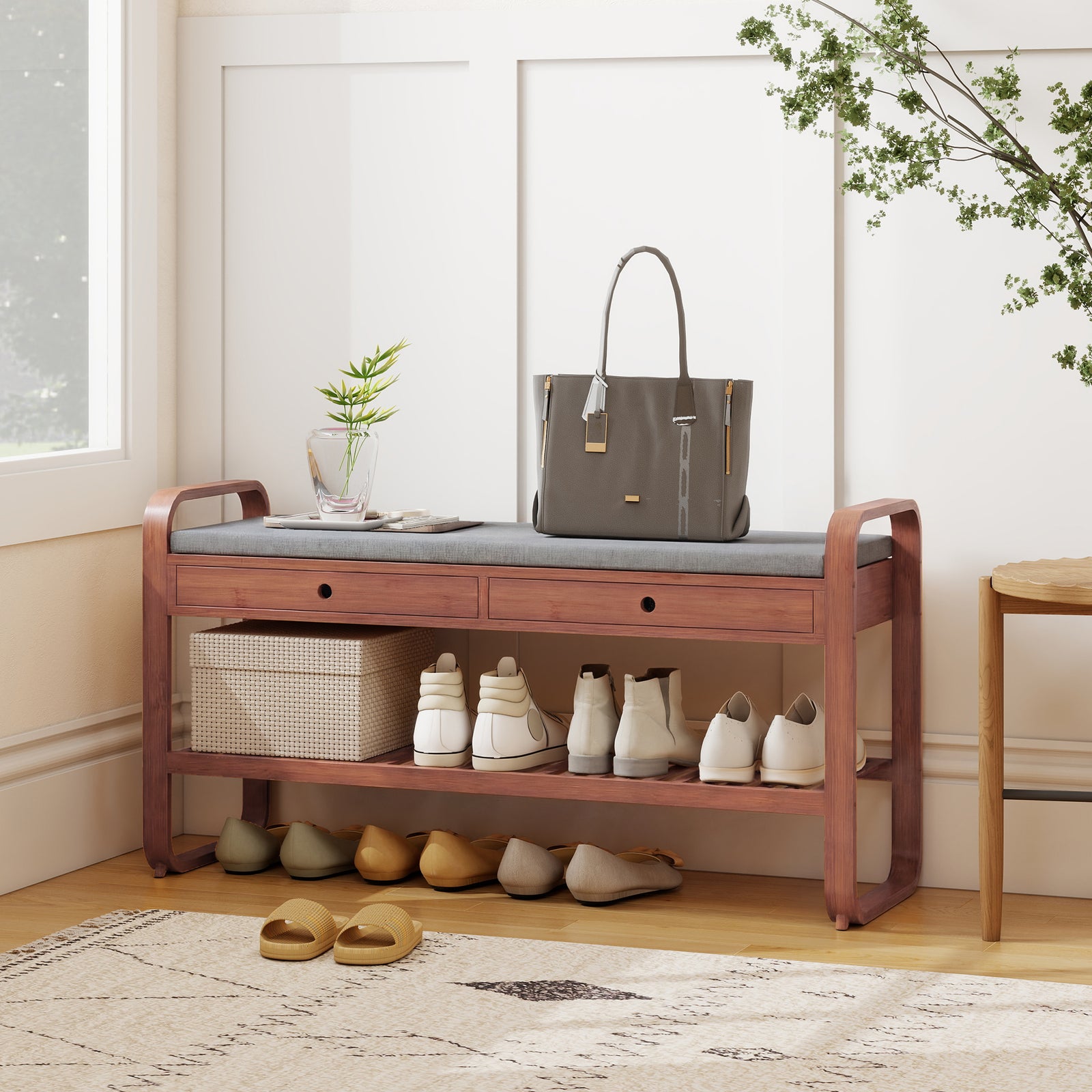 Shoe Bench with 2 Drawers Cushioned Seat Shoe Storage Bench for Hallwa