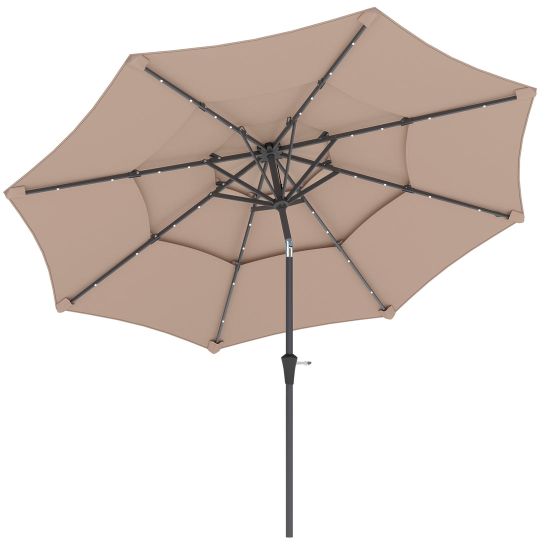 3-Tier Garden Parasol with Solar LED Lights, UPF 30+, Tilt Mechanism & Crank Handle, for Market Terrace, Khaki