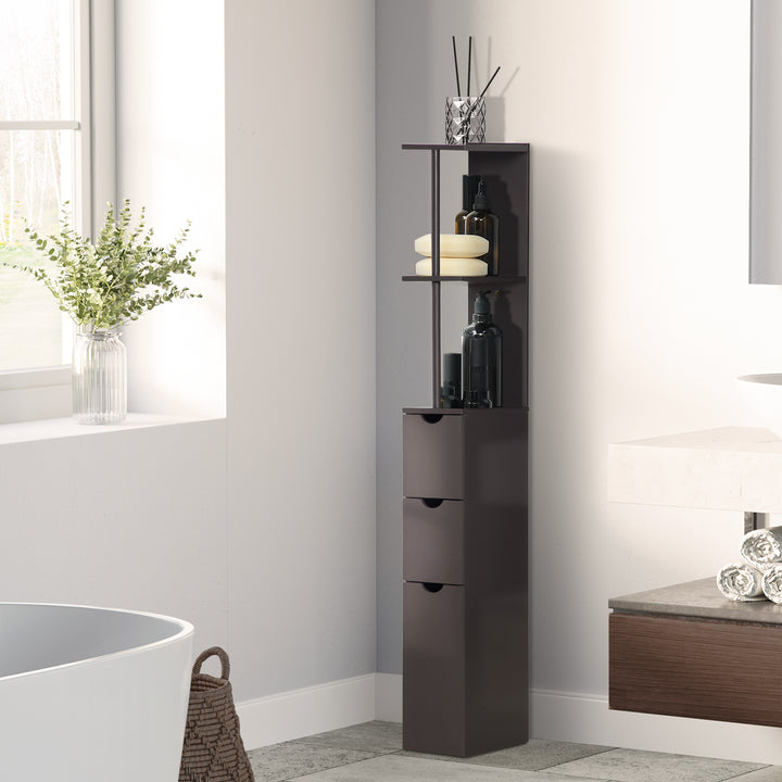 MCL Tall Bathroom Cabinet, Freestanding Bathroom Storage Cabinet with 2-Tier Shelf and Drawers, Narrow Cupboard Storage Unit, Brown