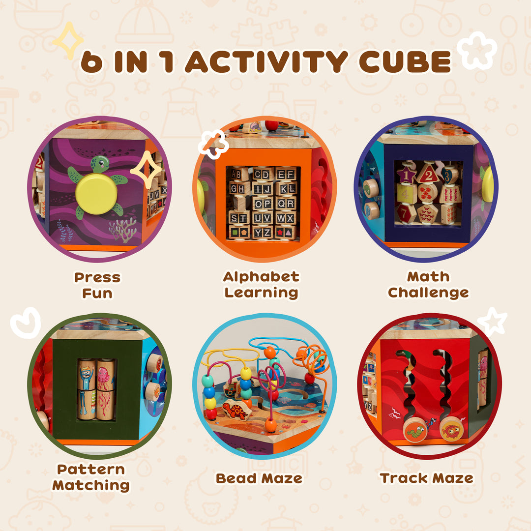 MCL Wooden Activity Cube, Baby Toys with Bead Maze, Pattern Sorter for Toddlers Boys and Girls 18+ Months