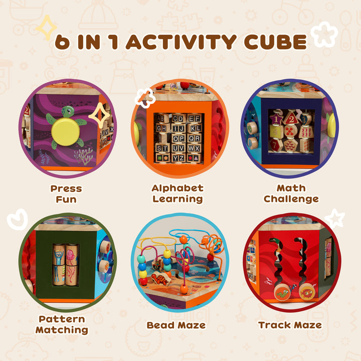 MCL Wooden Activity Cube, Baby Toys with Bead Maze, Pattern Sorter for Toddlers Boys and Girls 18+ Months