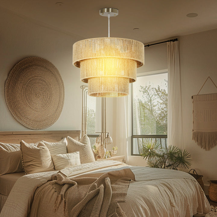 Hemp Rope Ceiling Light, 3-Layer Boho Pendant Light, E14 Vintage Ceiling Lamp Fixtures for Living Room, Bedroom, Kitchen, Hallway, Light Brown