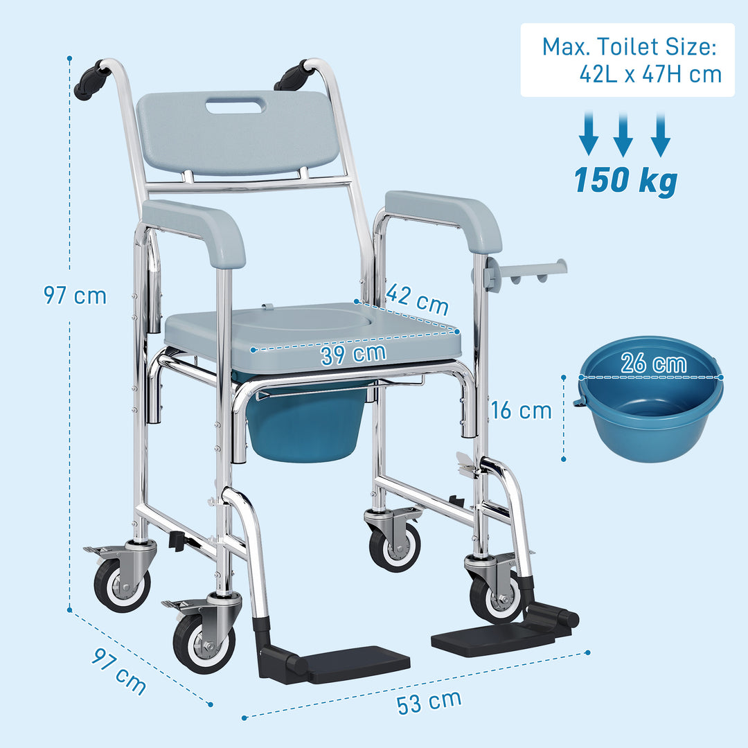 Rolling Shower Wheelchair for Seniors, Bedside Commode Chair with Locking Wheels, Seat, Backrest, Arms