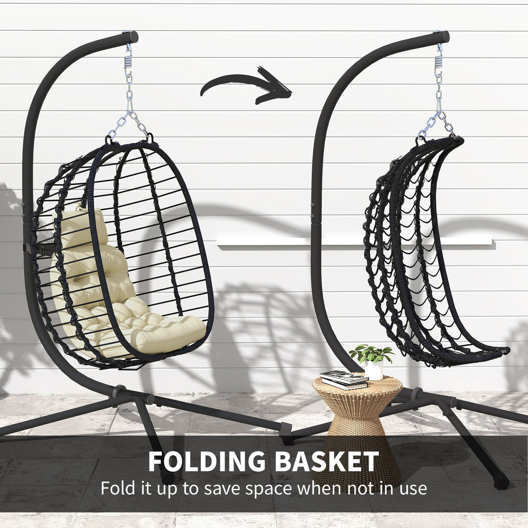 Rattan Hanging Egg Chair, Foldable Wicker Hammock Swing Chair with Cushion, Stand, Adjustable Height, Head Pillow, Steel Frame for Garden Patio Indoor Outdoor, Cream White