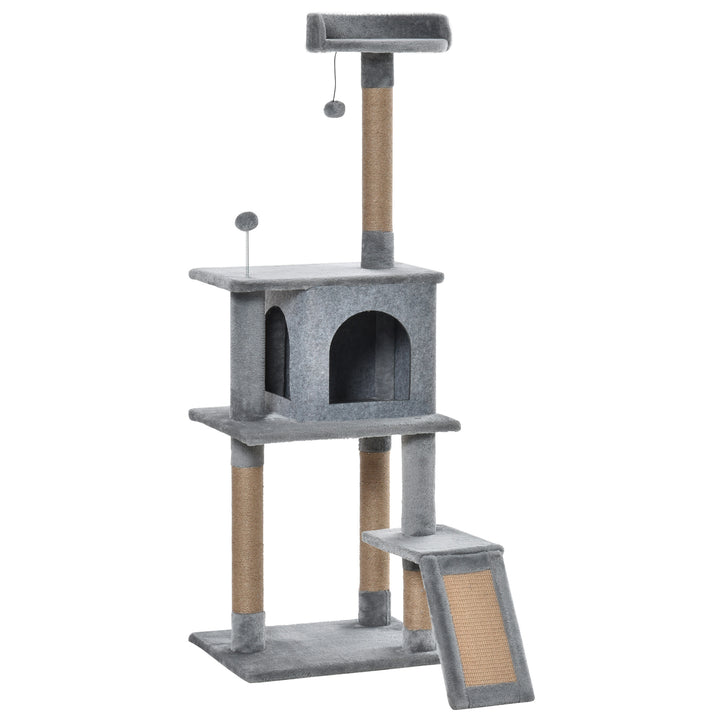 PawHut Cat Tree Tower 142cm Climbing Kitten Activity Center with Scratching Post Board Perch Roomy Condo Removable Felt Hanging Toy, Grey | Aosom UK