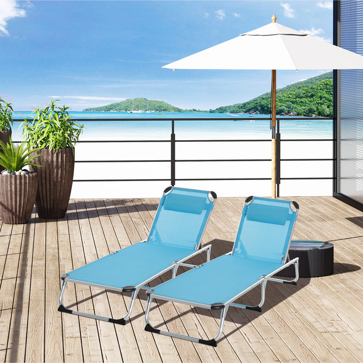 Foldable Outdoor Sun Loungers Set of 2, Reclining Lounge Chair Camping Bed Cot with Pillow 4-Level Adjustable Back Aluminium Frame, Blue
