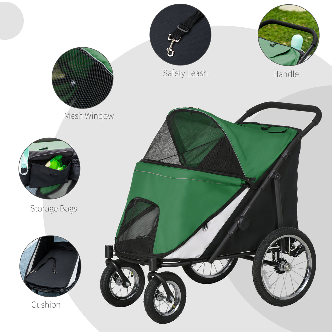 Foldable Pet Stroller, with Washable Cushion, Storage Bags, Safety Leash, for Medium, Large Dogs, Cats - Green
