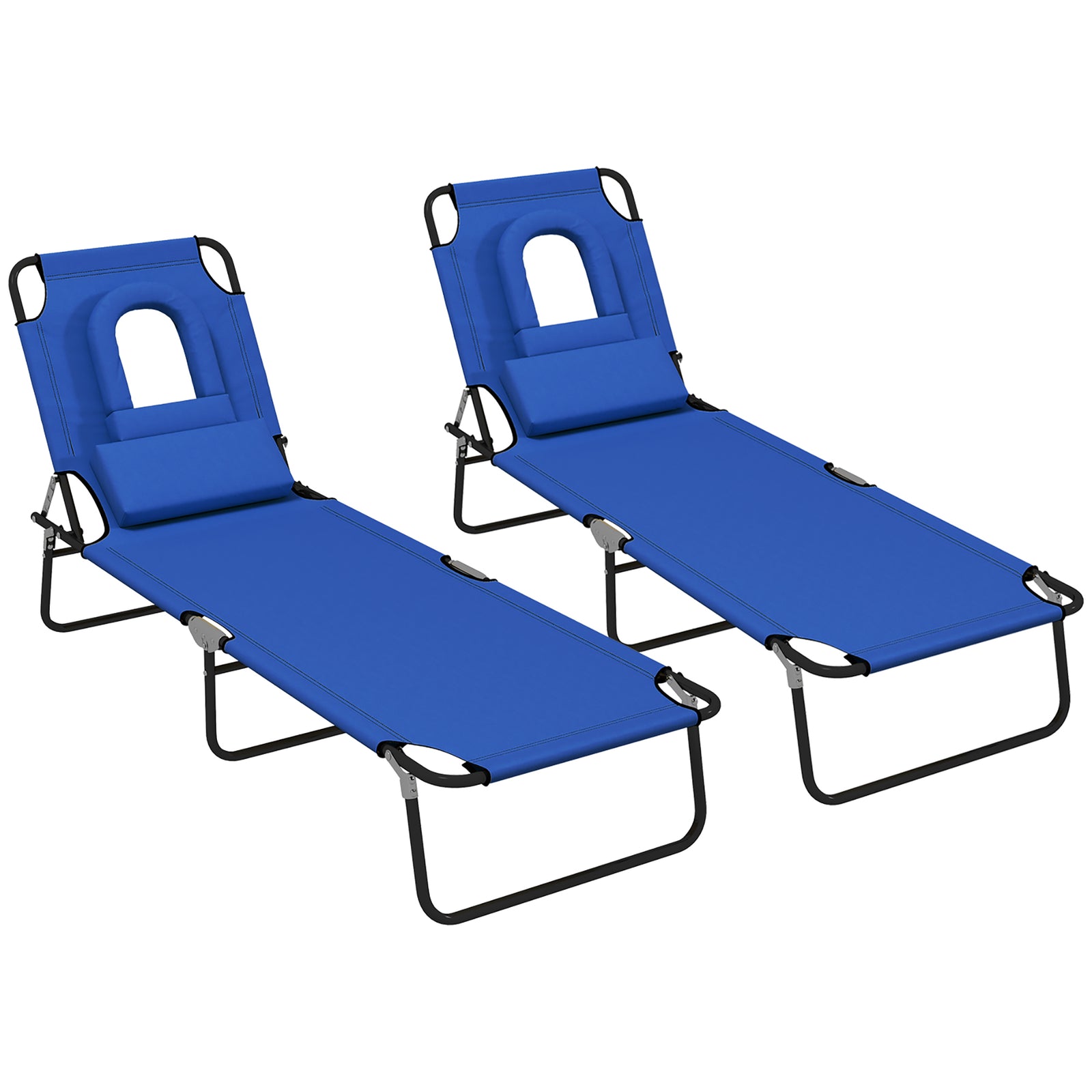 Outdoor Folding Sun Lounger Set of 2 with Face Hole, 4 Level Adjustable Backrest Reclining Garden Lounger, Garden Recliner Sunbed with 600 D Oxford Cloth Seat and Pillow for Beach, Blue