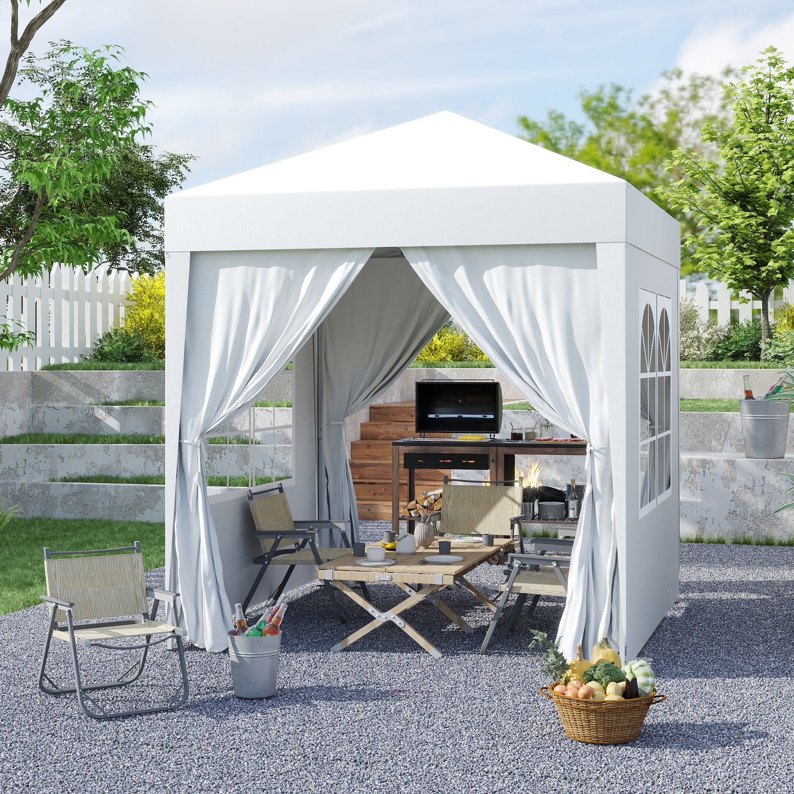 2 x 2 m Garden Pop Up Gazebo, Wedding Party Tent Marquee, Water Resistant Awning Canopy with Sidewalls, Windows, Carry Bag, White