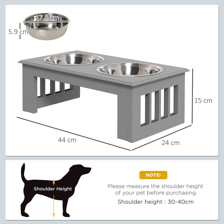 Raised Dog Feeding Bowls with Stand, Stainless Steel for Extra Small and Small Dog, 44L x 24W x 15H cm - Grey